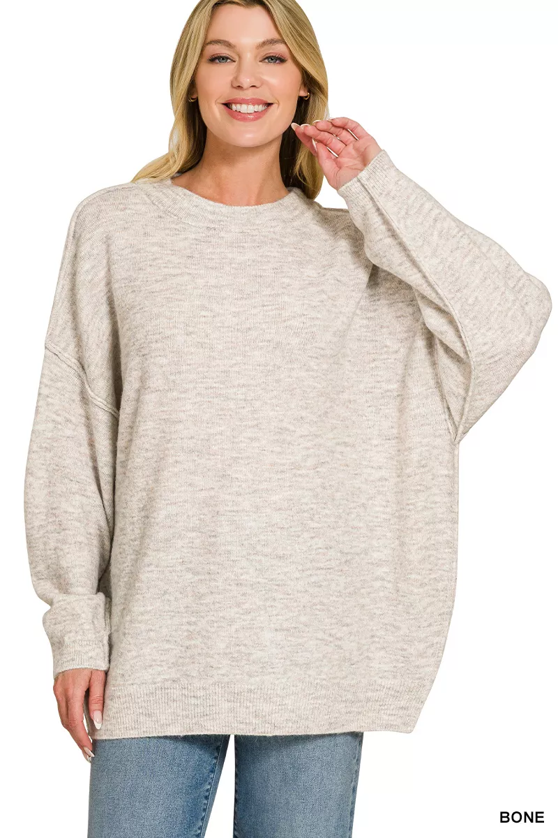 Oversized Round Neck Exposed Seam Melange Sweater