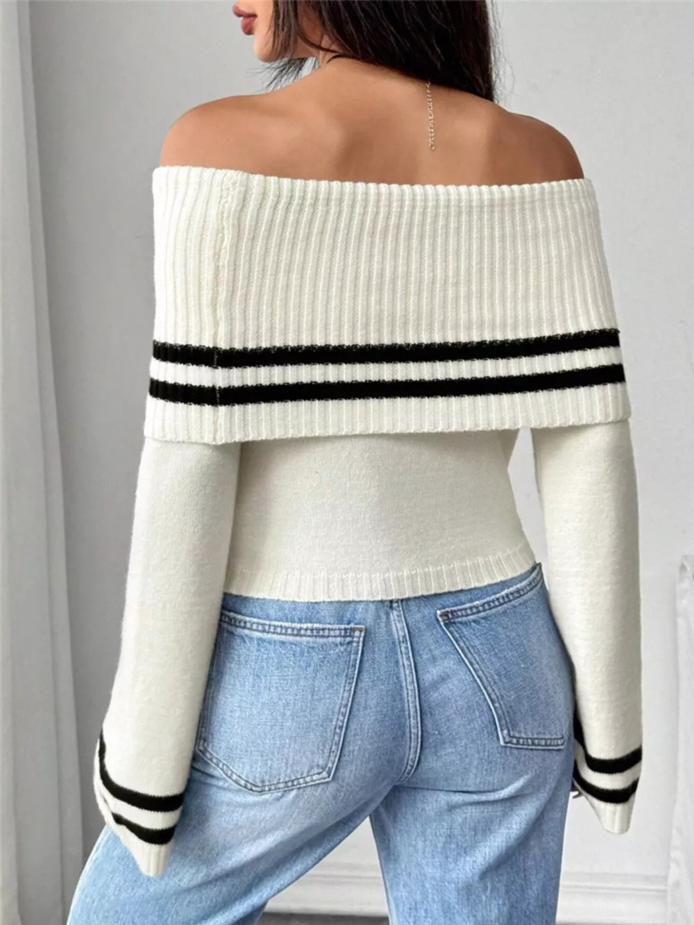 Off-Shoulder Striped Flare Sleeve Sweater, image 3