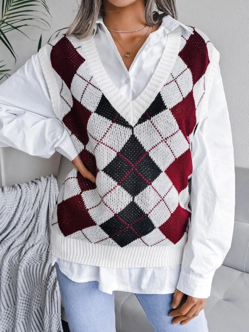 Plaid V-Neck Sweater Vest, image 9