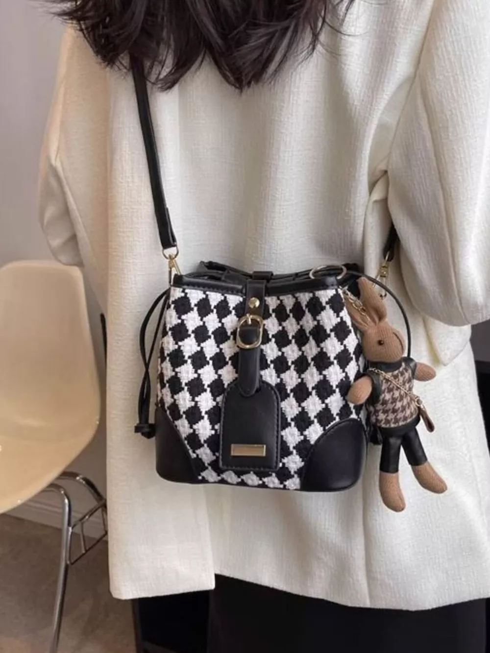 Checkerboard Pattern Bucket Crossbody Bag, image 4