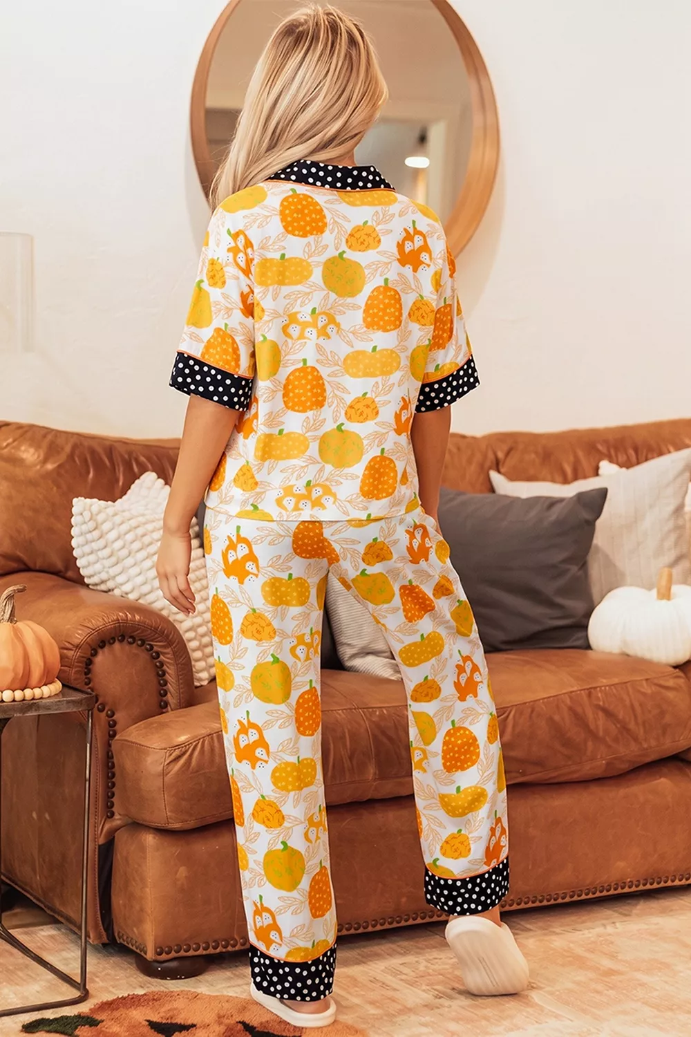 Short Sleeve Pumpkin Print Polka Dot Trim Pocket Placket Lounge Set, image 2