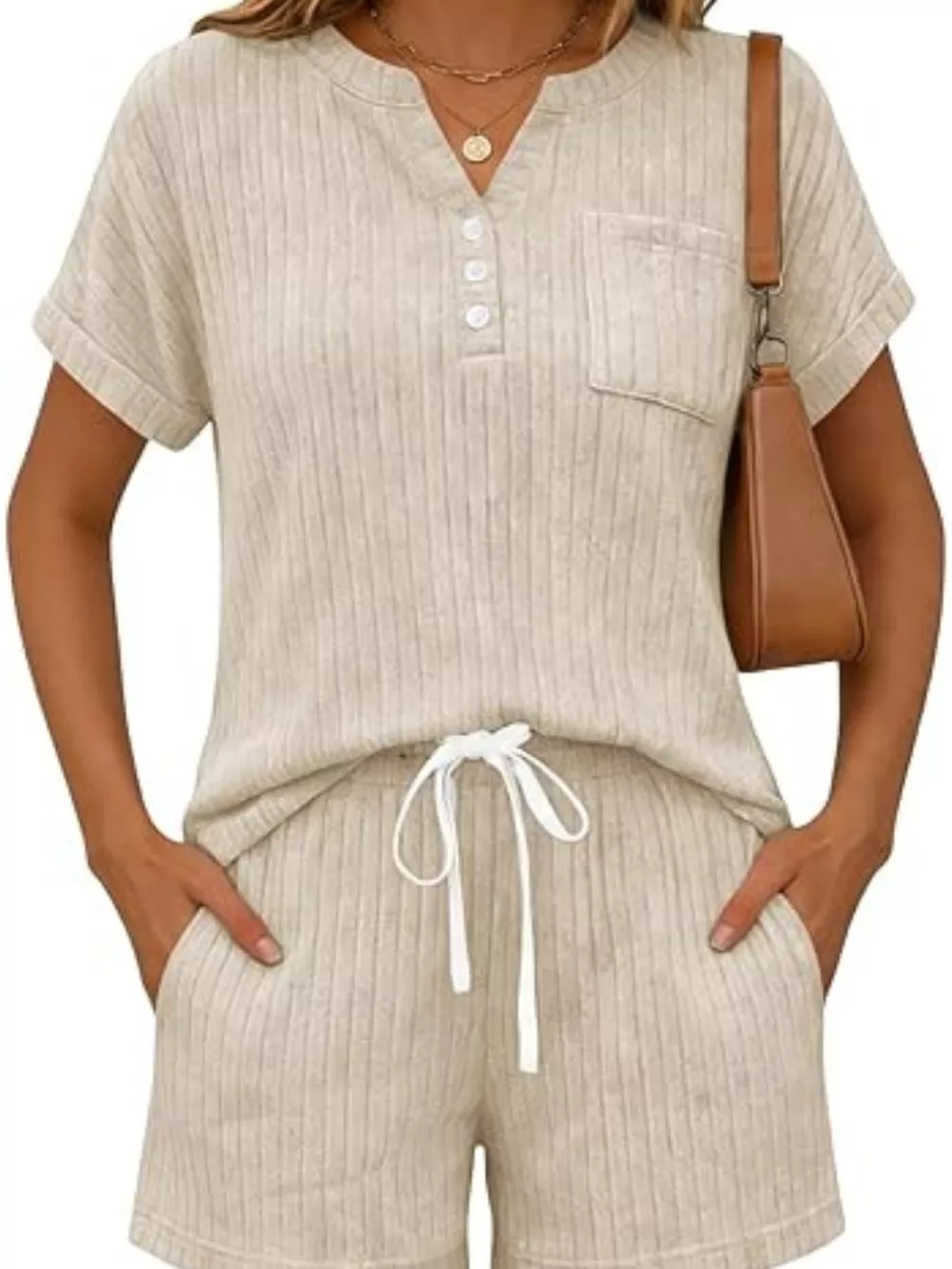Casual Ribbed Knit Tee and Shorts Set, image 9