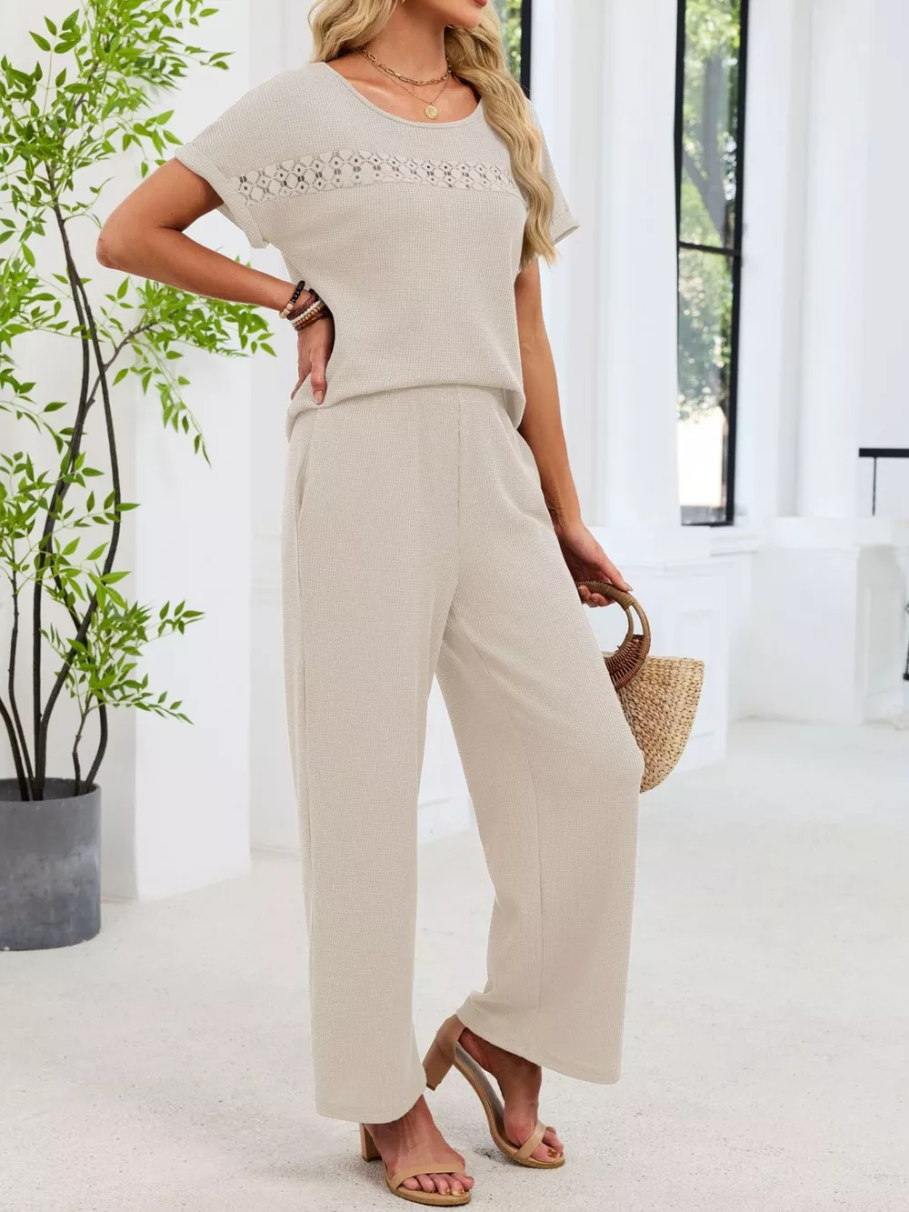 Lace Detail Short Sleeve Top and Pants Set, image 10