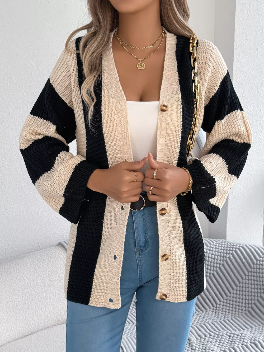 Color Block Button-Up Cardigan, image 6