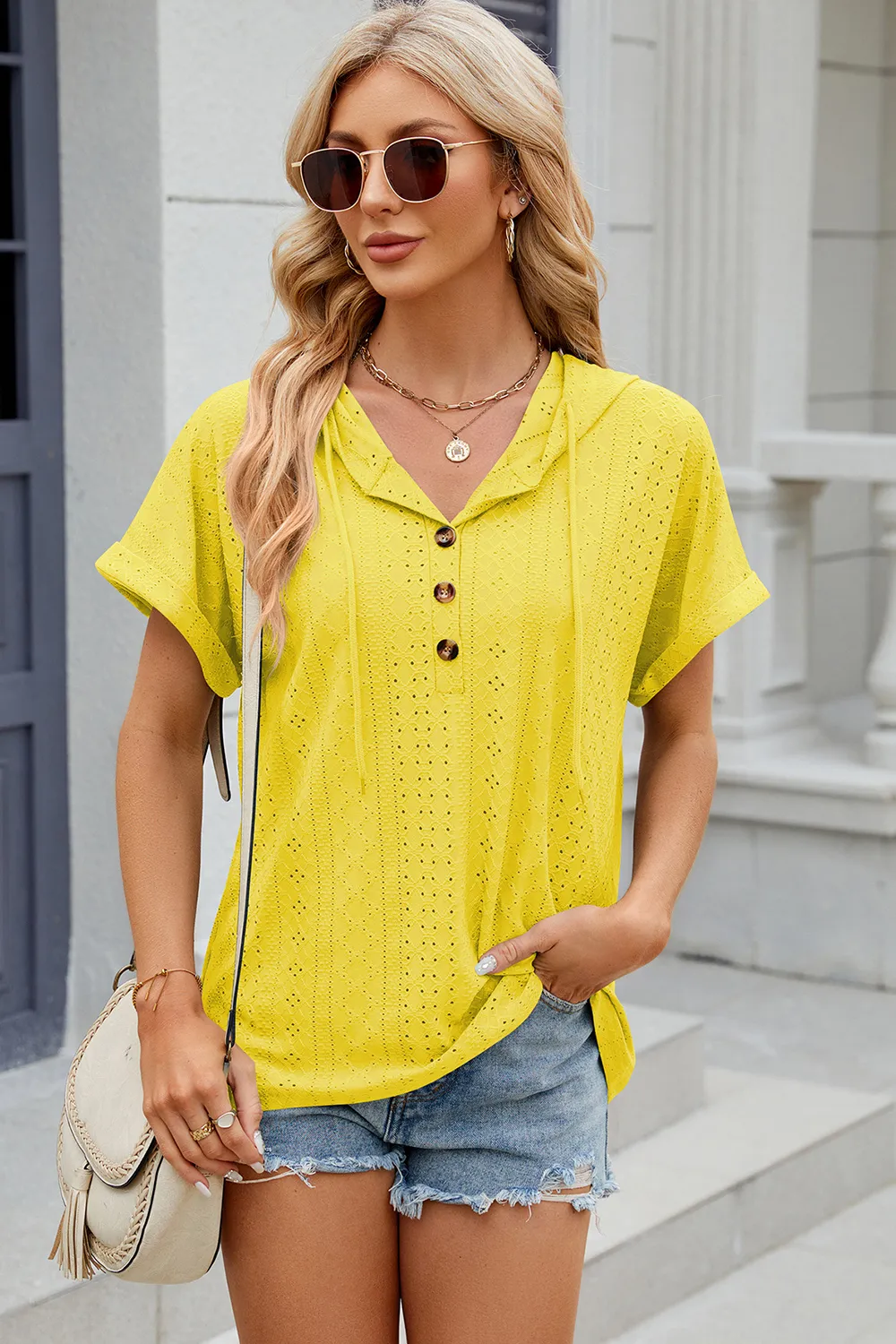 Eyelet Drawstring Hooded Short Sleeve Blouse, image 25