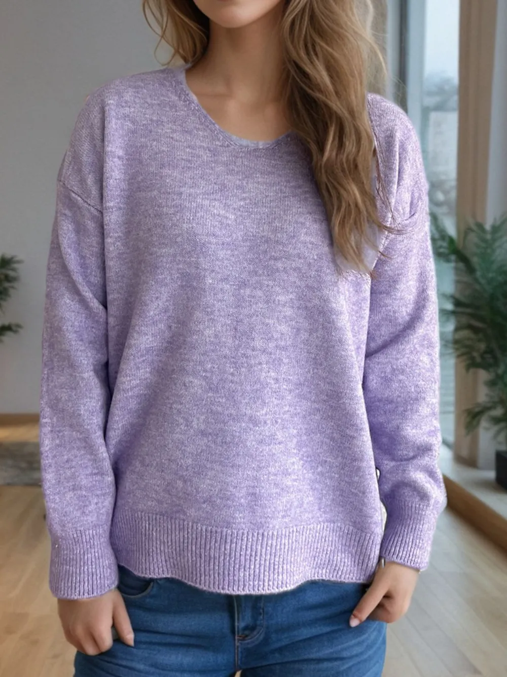V-Neck Dropped Shoulder Long Sleeve Sweater, image 21