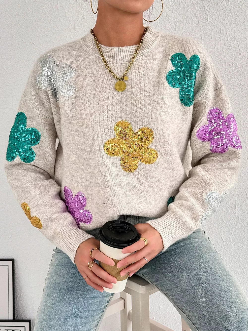 Sequined Floral Round Neck Sweater, image 5