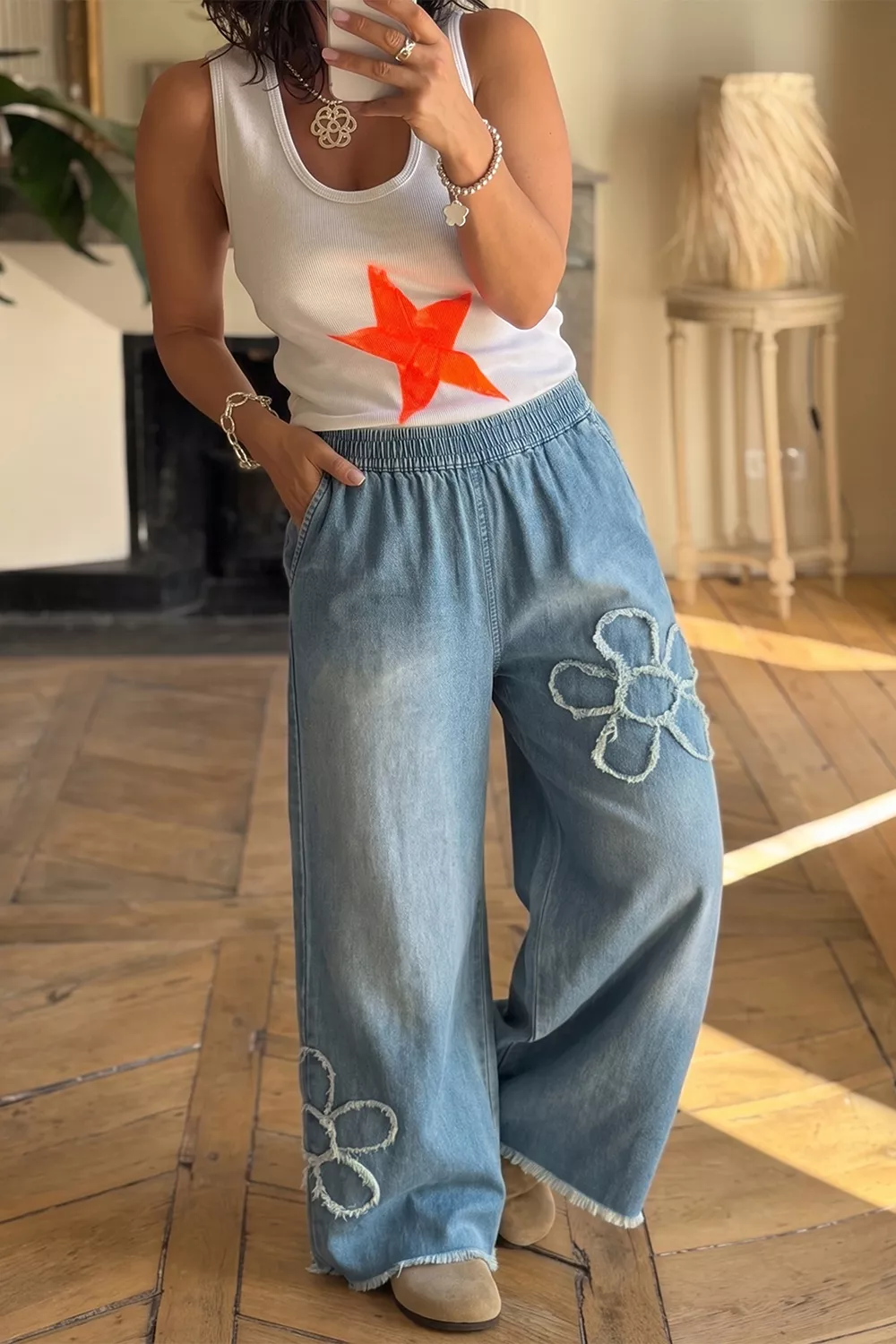 Frayed Floral Patch Wide Leg Raw Hem Wide Leg Jeans, image 4