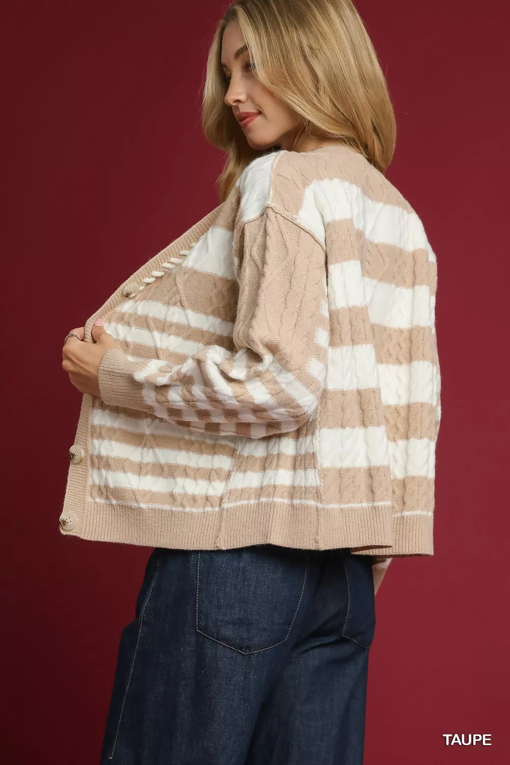 Cable-Knit Stripe Button-Up Cardigan, image 5