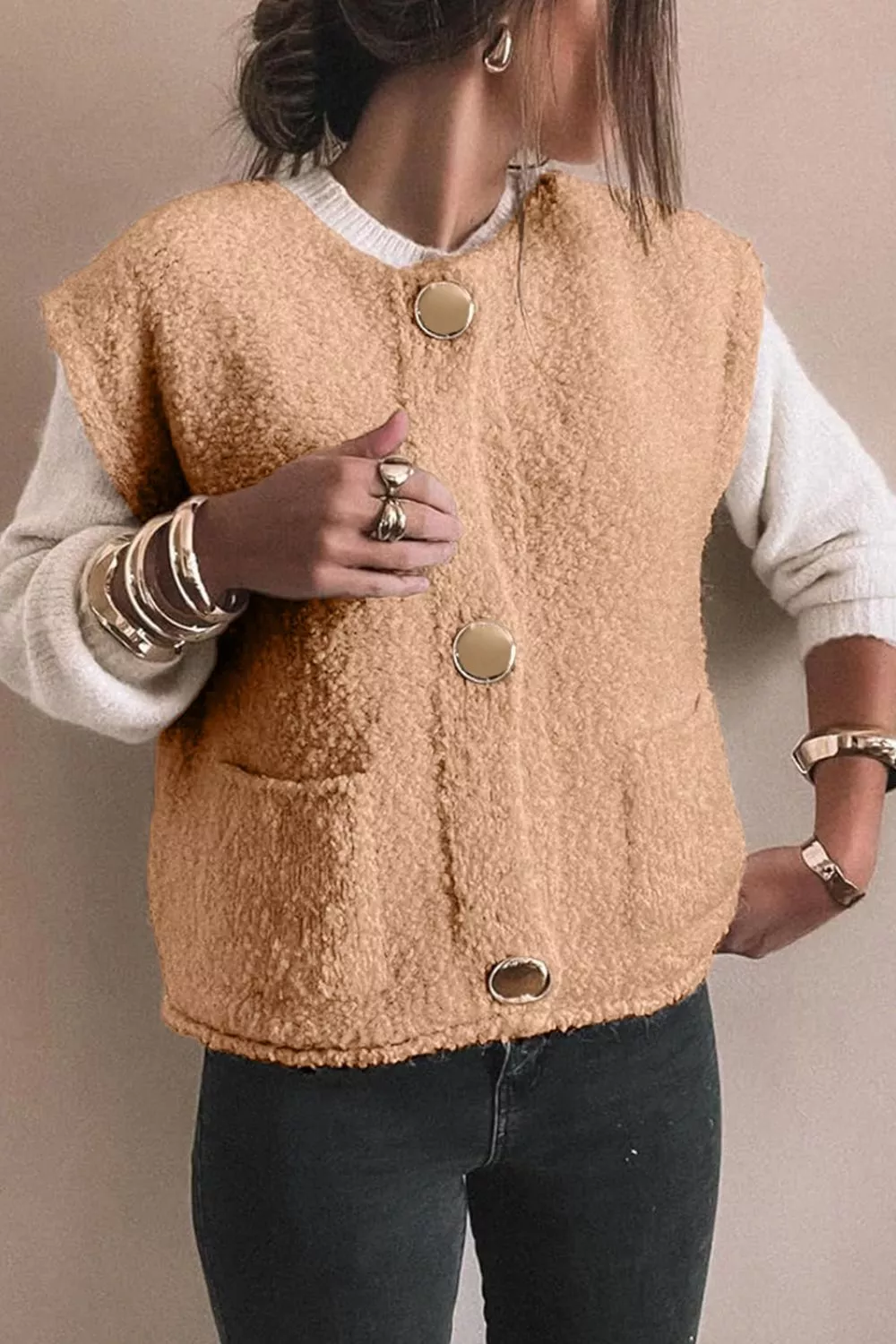 Fleece Button-Down Vest Coat, image 3