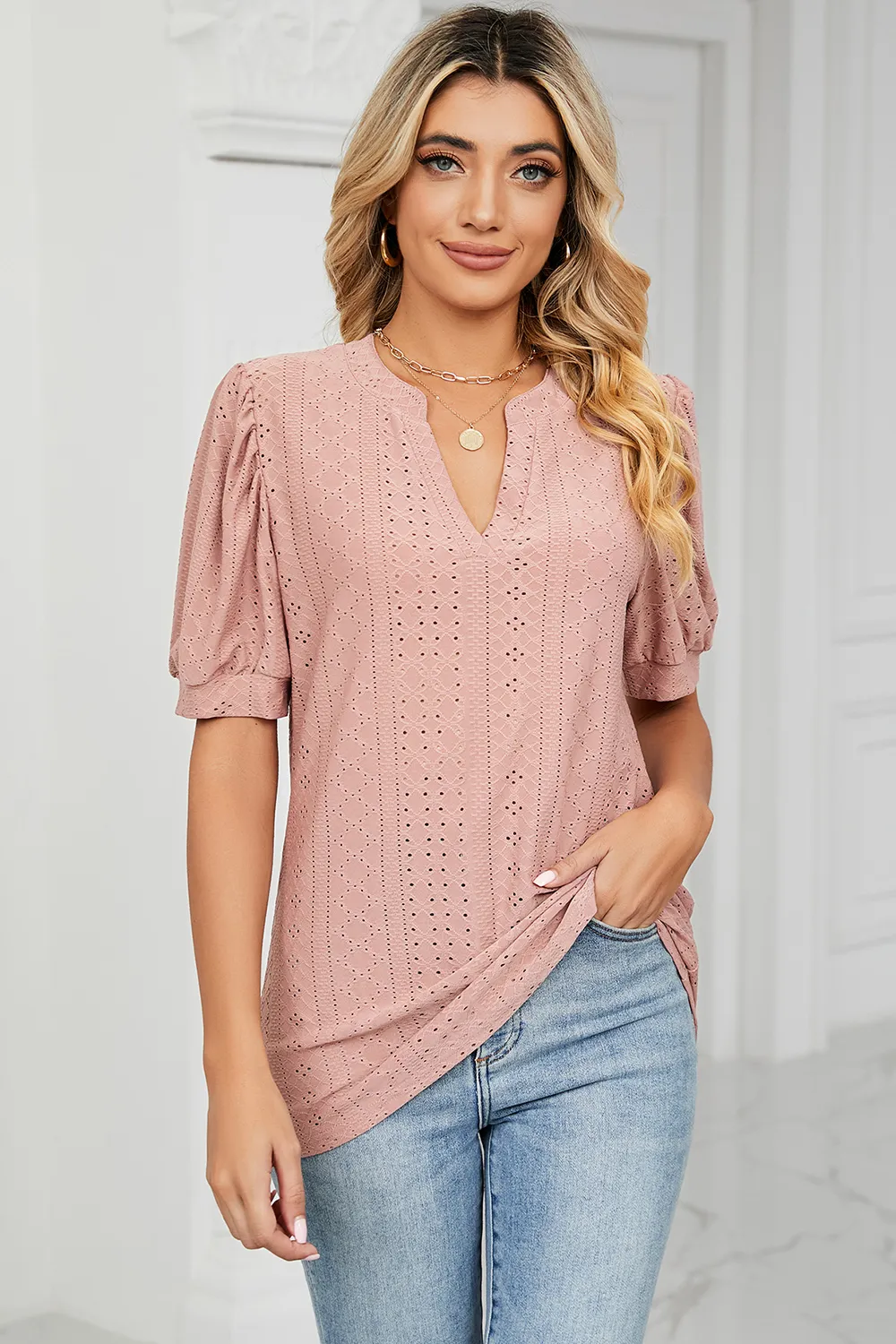 Eyelet Notched Short Sleeve T-Shirt, image 25