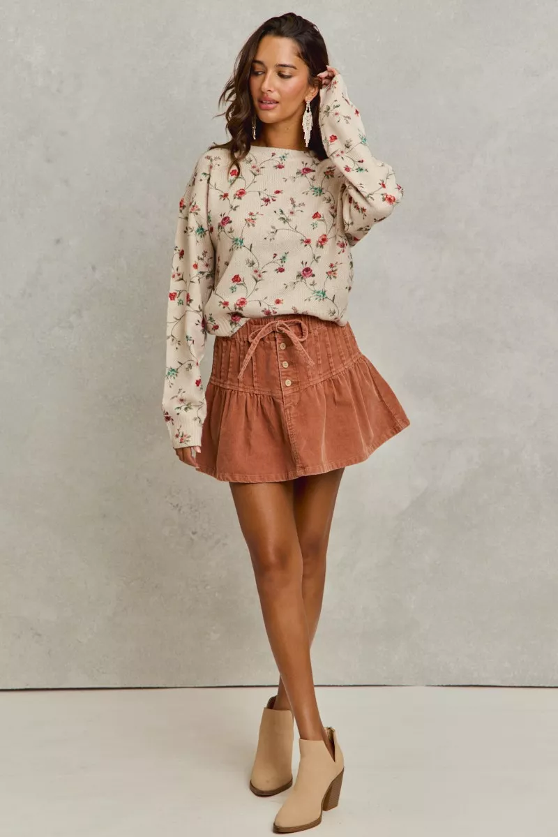 Mineral Wash Pintucked Corduroy Mini Flared Skirt, image 3