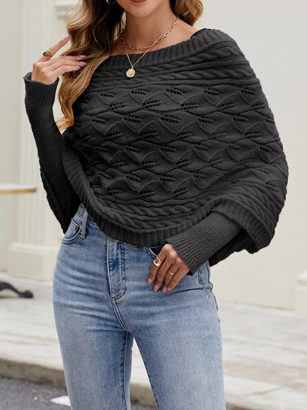 Cable Knit Batwing Sleeve Sweater, image 2
