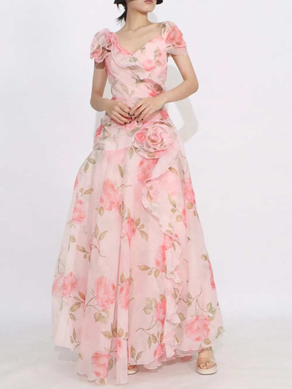 Floral Ruffled Short Sleeve Maxi Dress, image 2