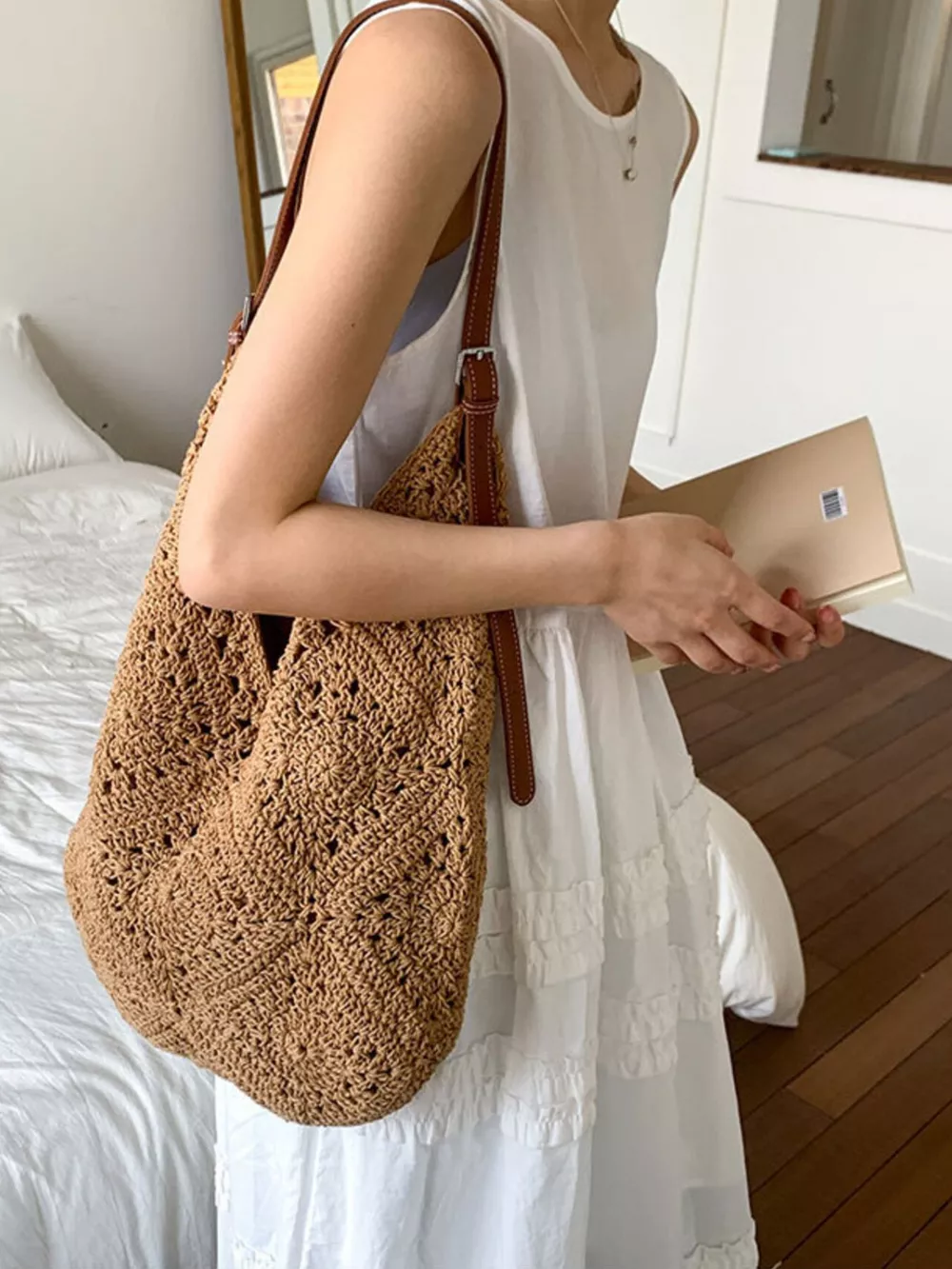 Crochet Shoulder Bag with Leather Straps