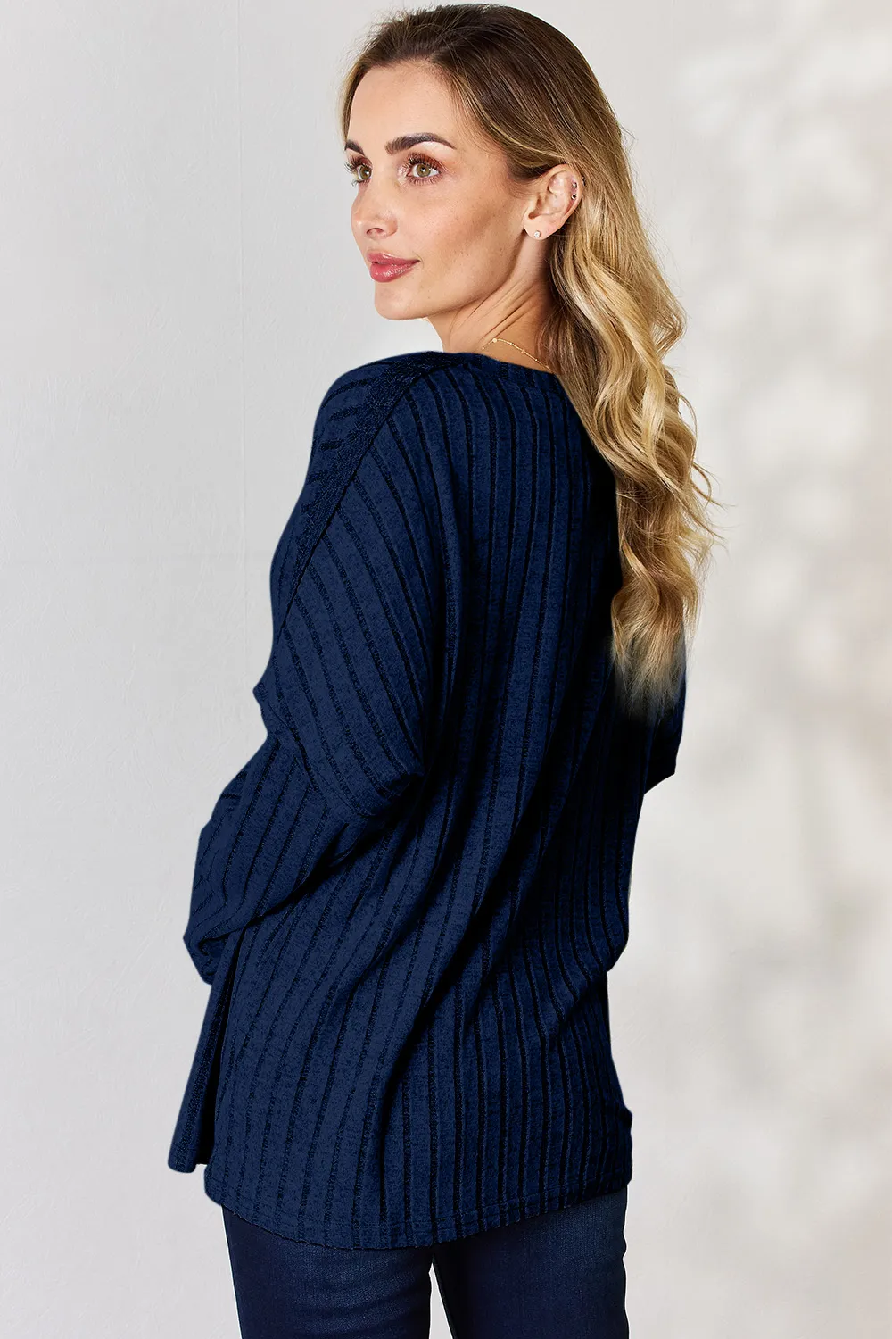 Full Size Ribbed Half Button Long Sleeve T-Shirt, image 16