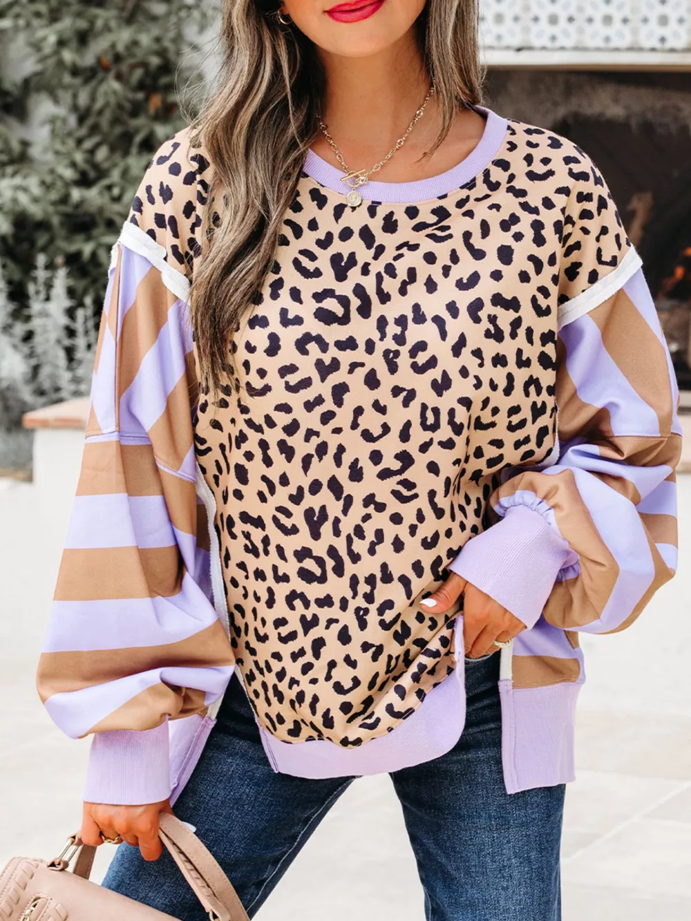 Stripe Color Block Patchwork Leopard Casual Sweatshirt with Slits, image 4