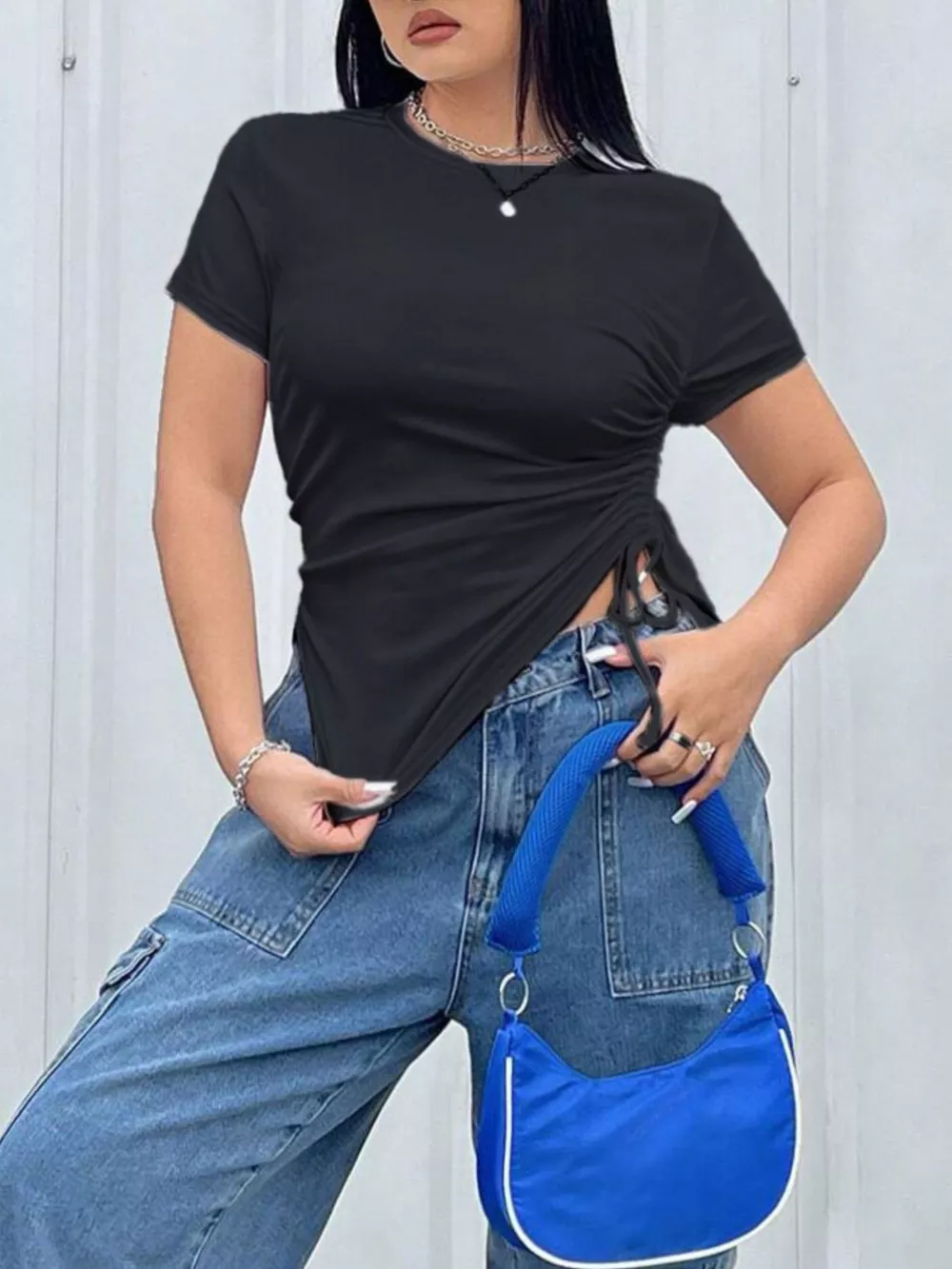 Plus Size Ruched Round Neck Short Sleeve T-Shirt, image 4