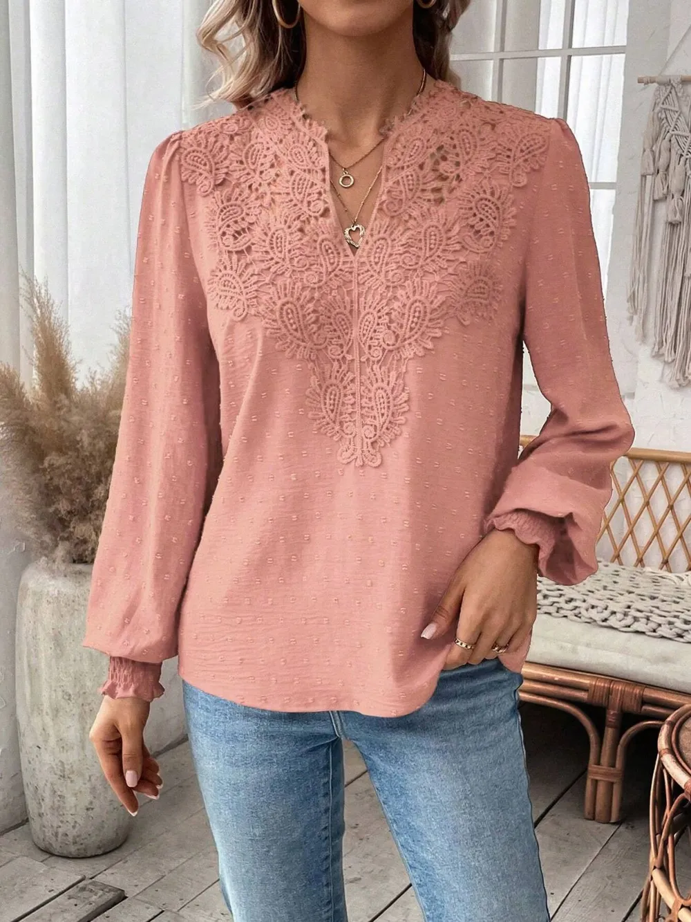 Swiss Dot Lace Detail Notched Long Sleeve Blouse, image 18