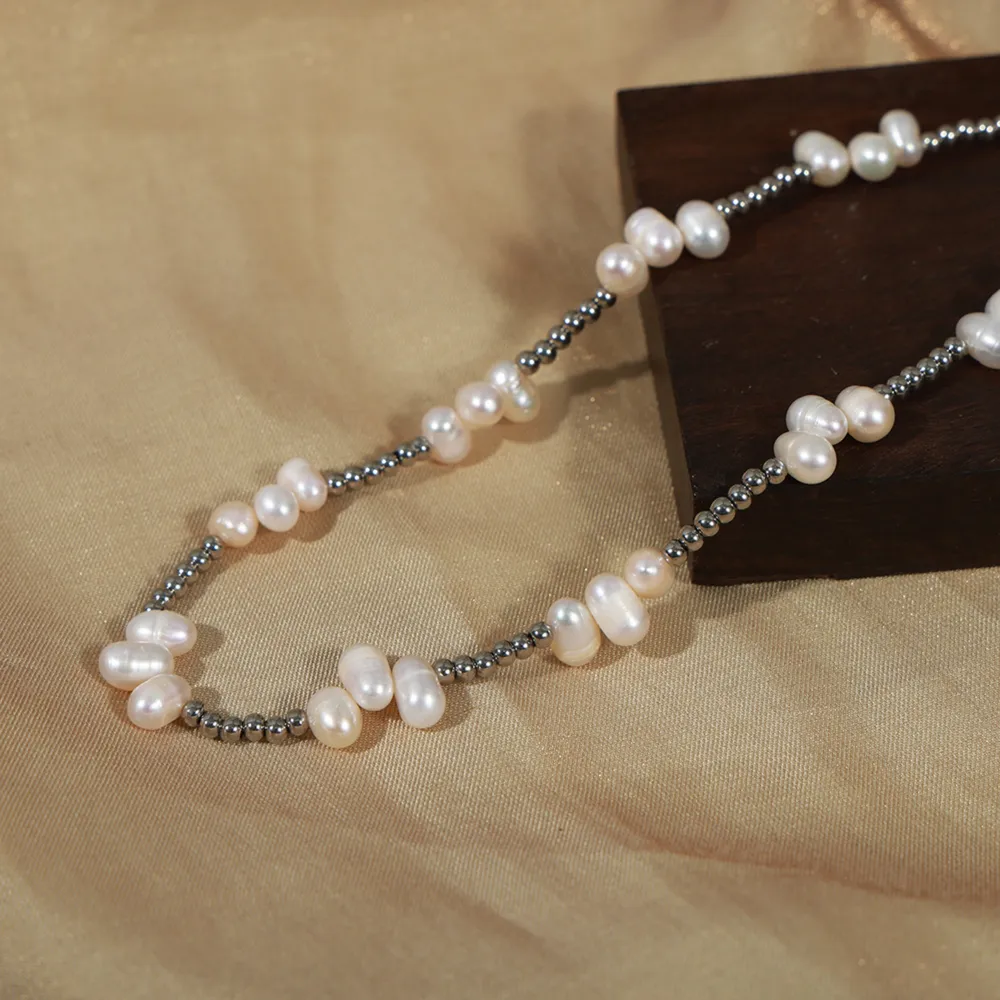 Freshwater Pearl Titanium Steel Bead Necklace, image 2