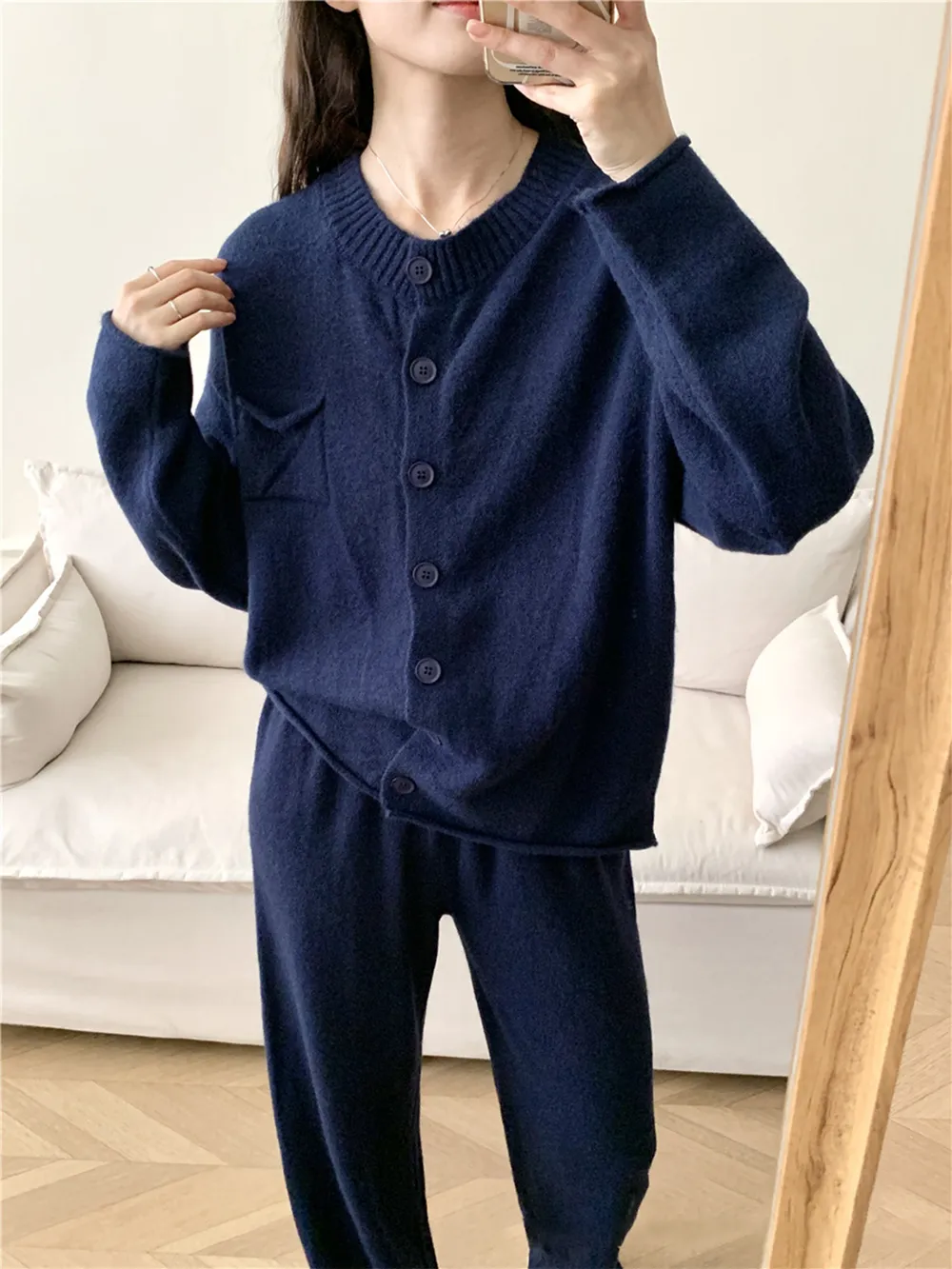 Pocketed Round Neck Button Up Cardigan and Pants Sweater Set, image 6