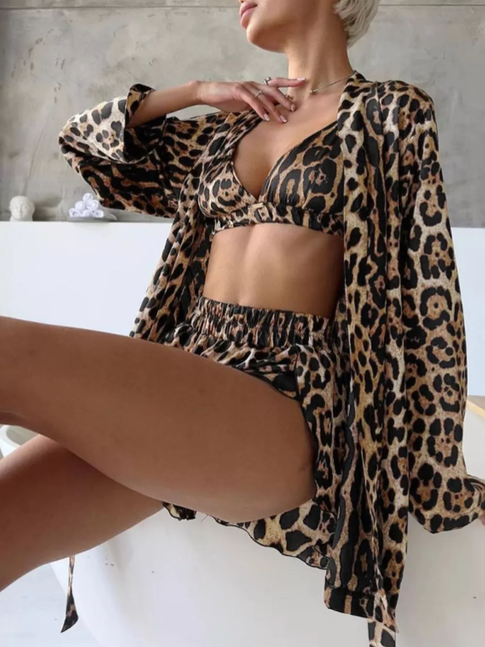 Leopard Bra & Cardigan and Shorts Set