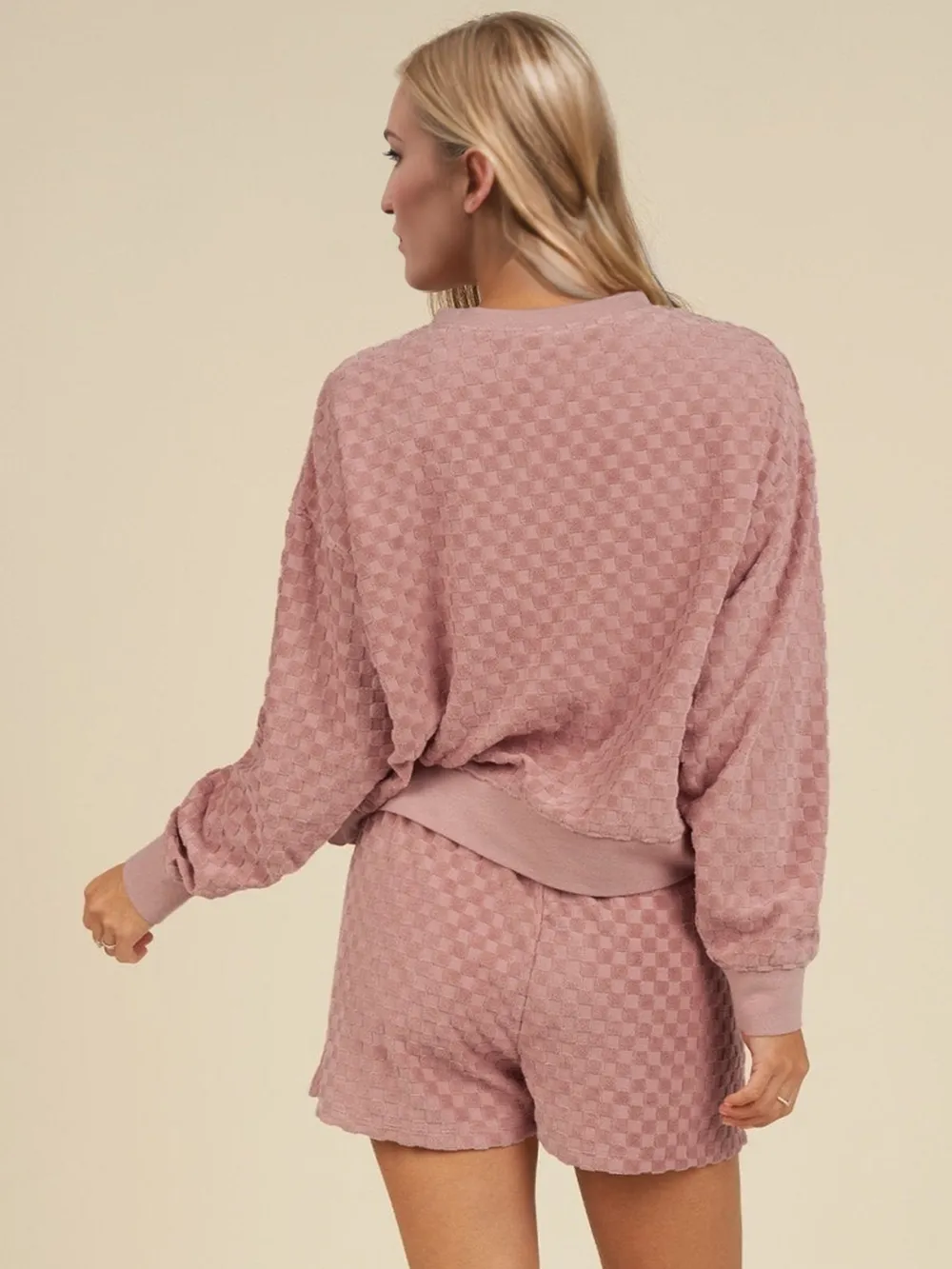 Checkered Round Neck Long Sleeve Top and Shorts Set, image 2
