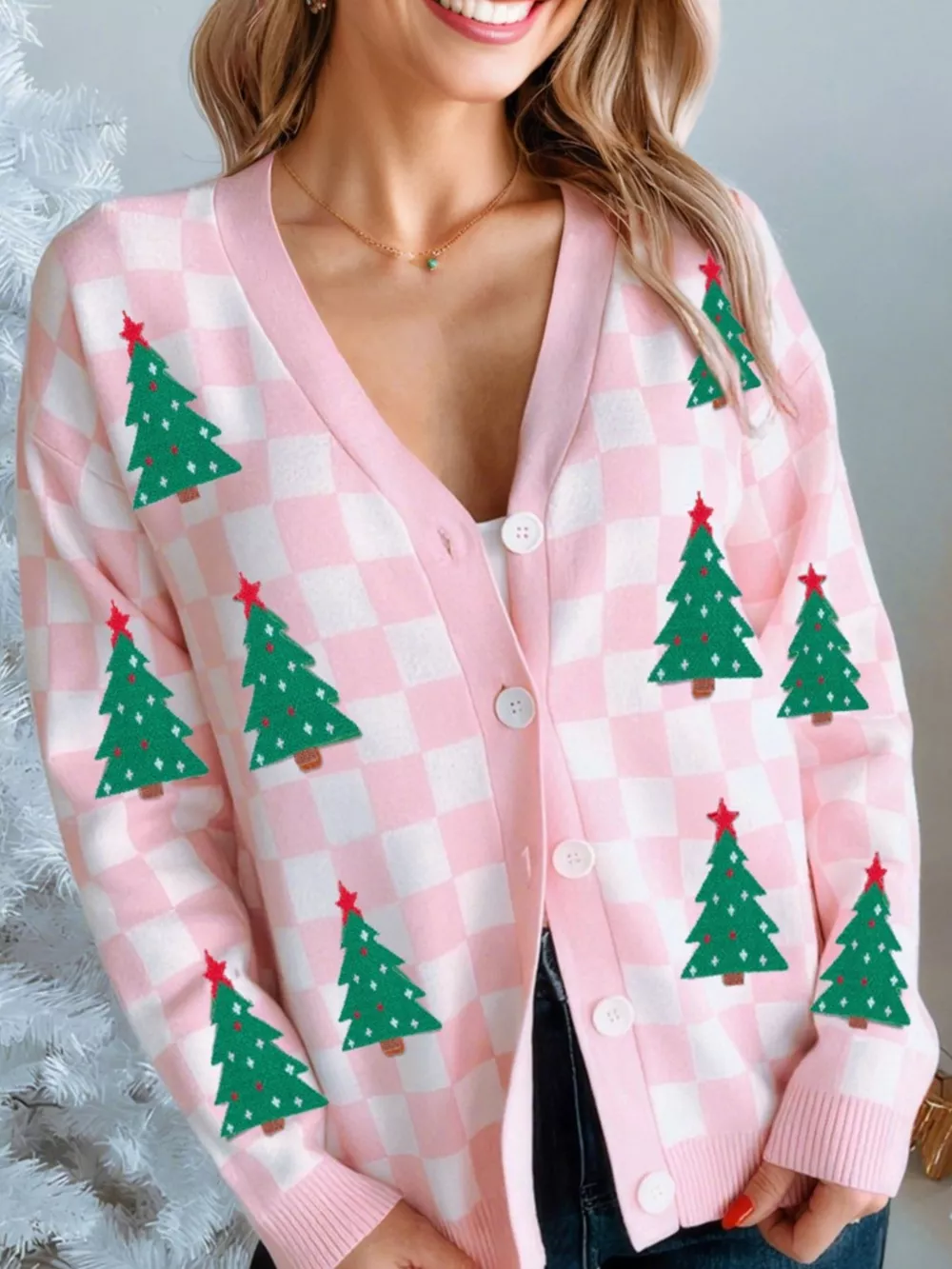 Christmas Tree Pattern Checkered Button V Neck Cardigan, image 3