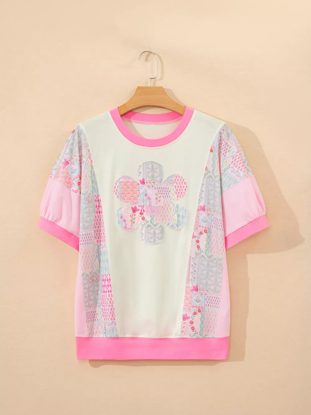 Color Block Floral Patchwork Big Flower Accent Relaxed Top, image 6