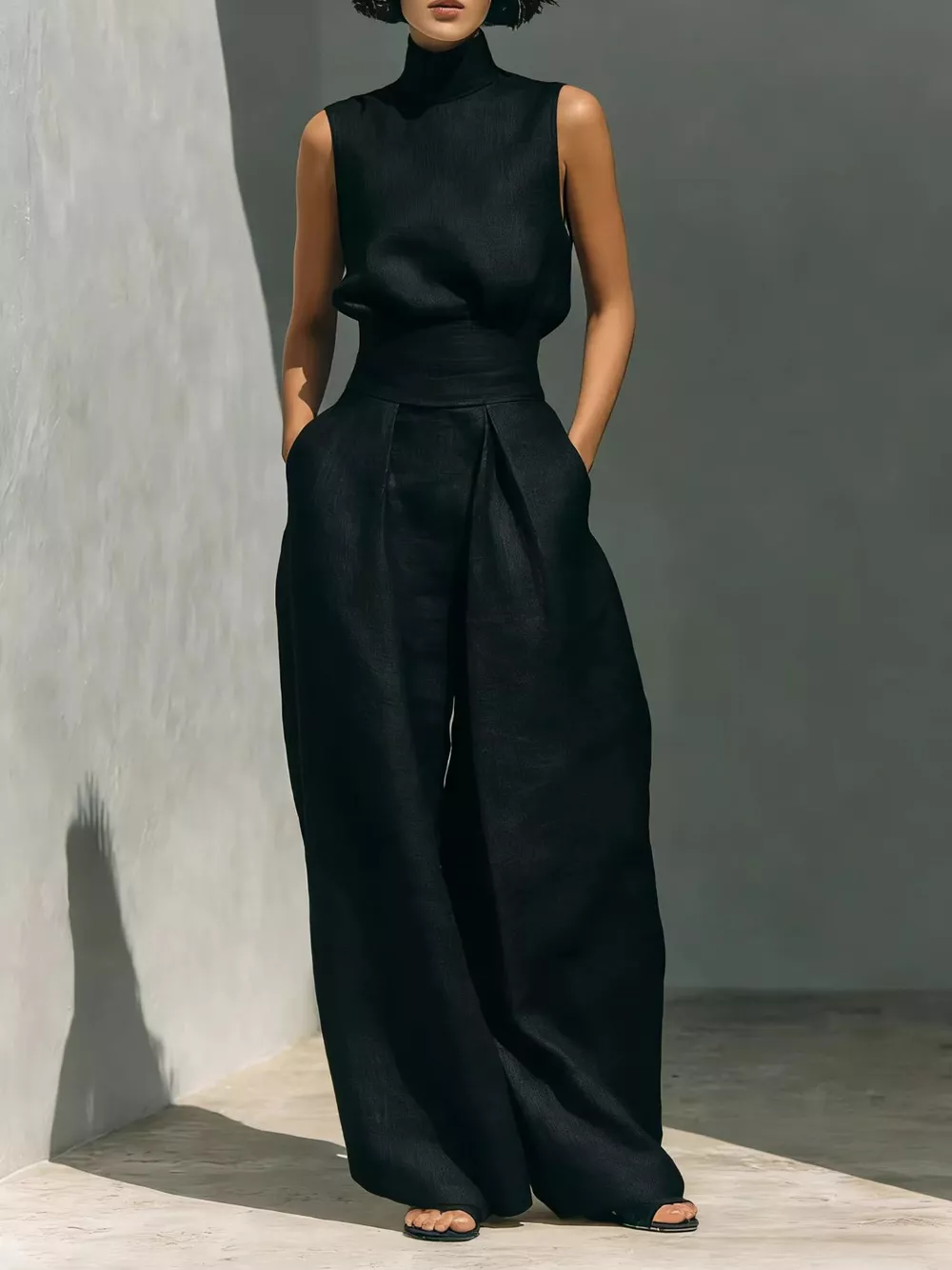 Full Size Turtleneck Sleeveless Top and Wide Leg Pants Set Plus Size, image 2