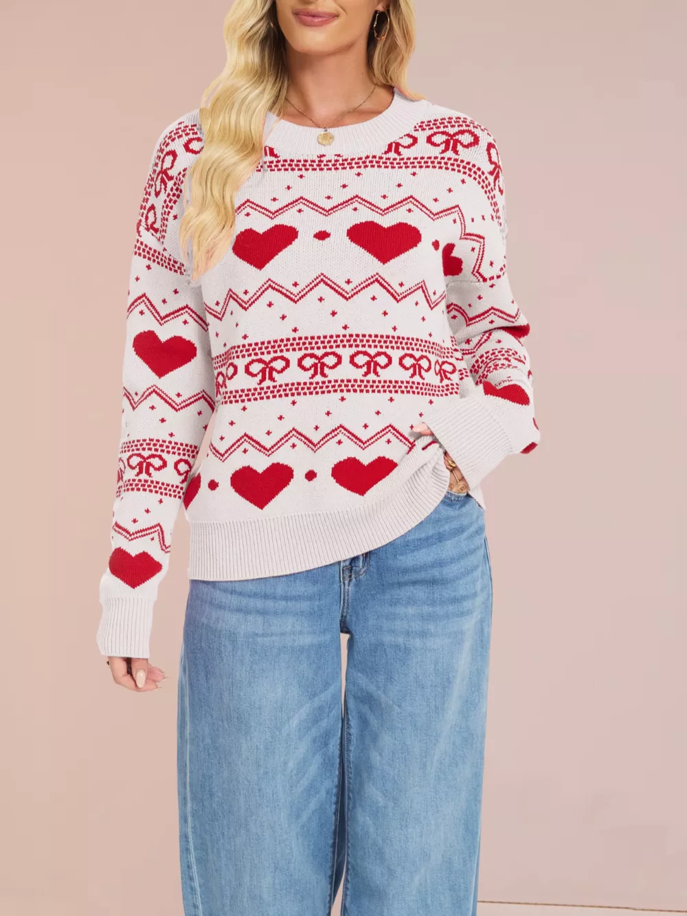 Heart & Bow Pattern Round Neck Sweater, image 12