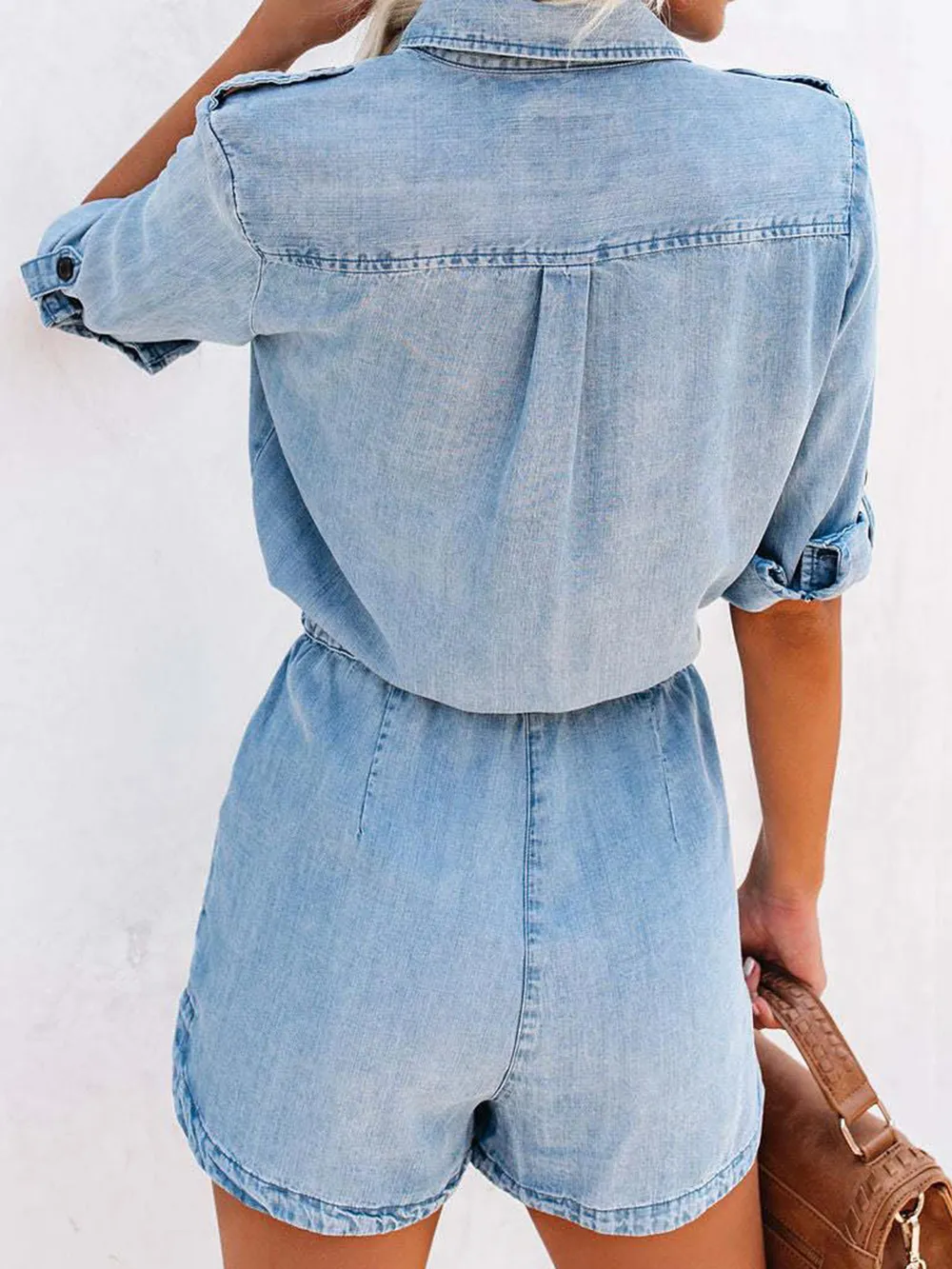 Drawstring Half Button Half Sleeve Denim Romper, image 2