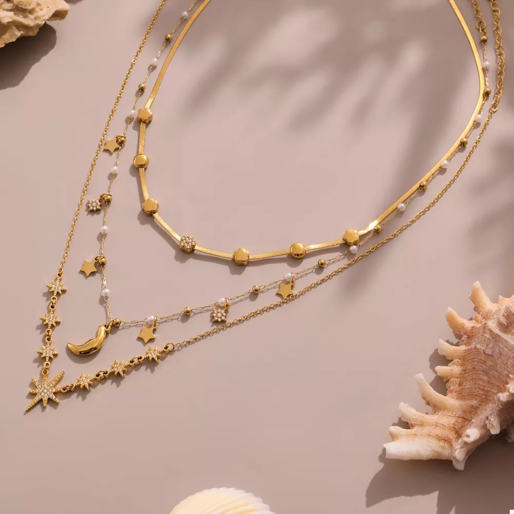 18K Gold-Plated Stainless Steel Zircon Star Moon Necklace, image 6