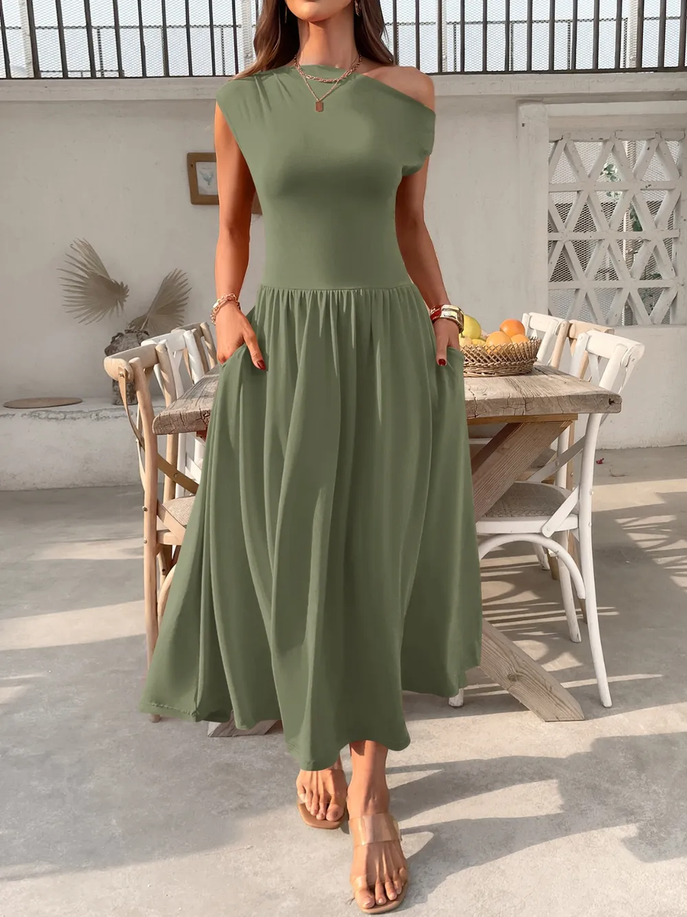 Single Shoulder Midi Dress with Pockets, image 11