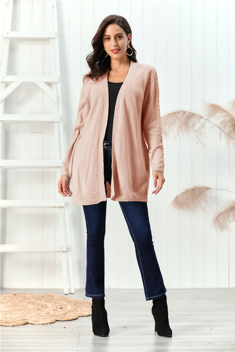Cable-Knit Open Front Long Sleeve Cardigan, image 6