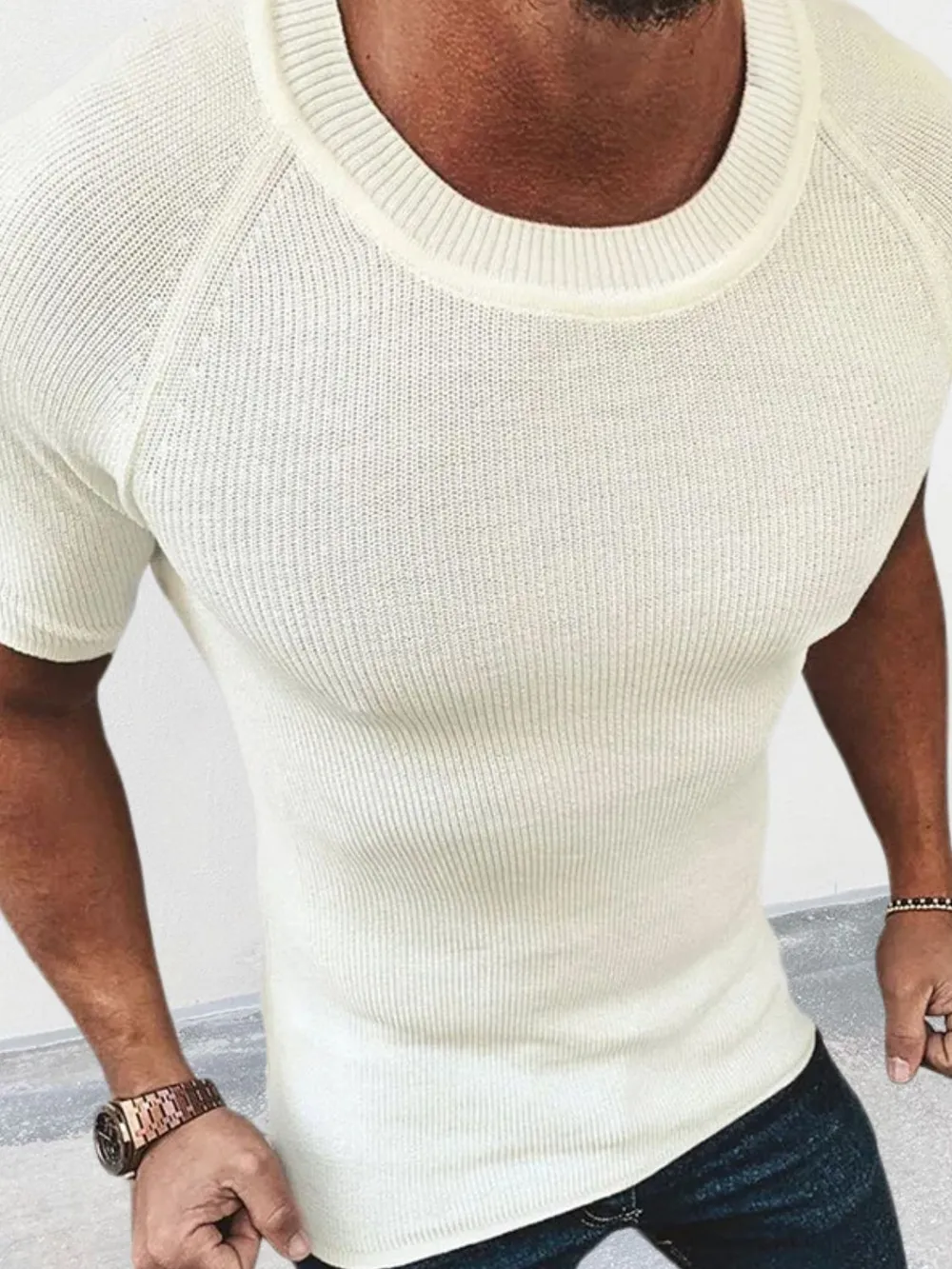 Men's Round Neck Short Sleeve Ribbed Knit T-Shirt, image 4