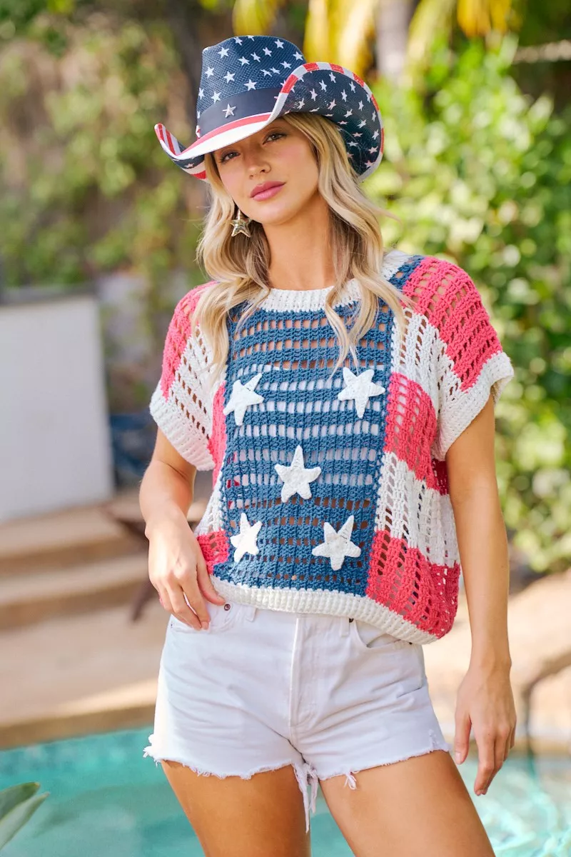 BiBi Crochet Star Patches 4th Of July Sweater Cover Up, image 8