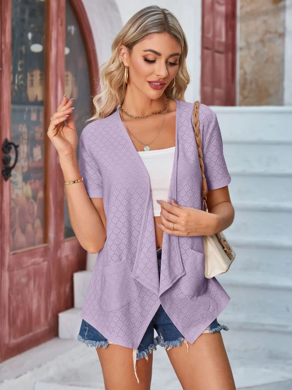 Eyelet Open Front Short Sleeve Cover Up, image 33