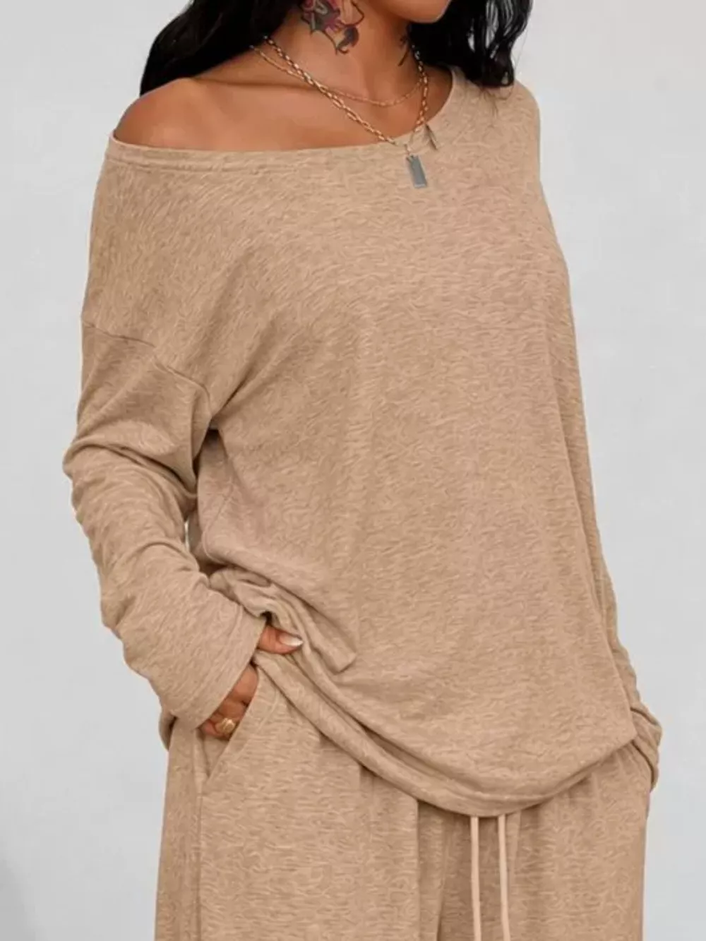 Full Size Comfortable Loose Fit One-Shoulder T-Shirt and Pants Set Plus Size, image 5