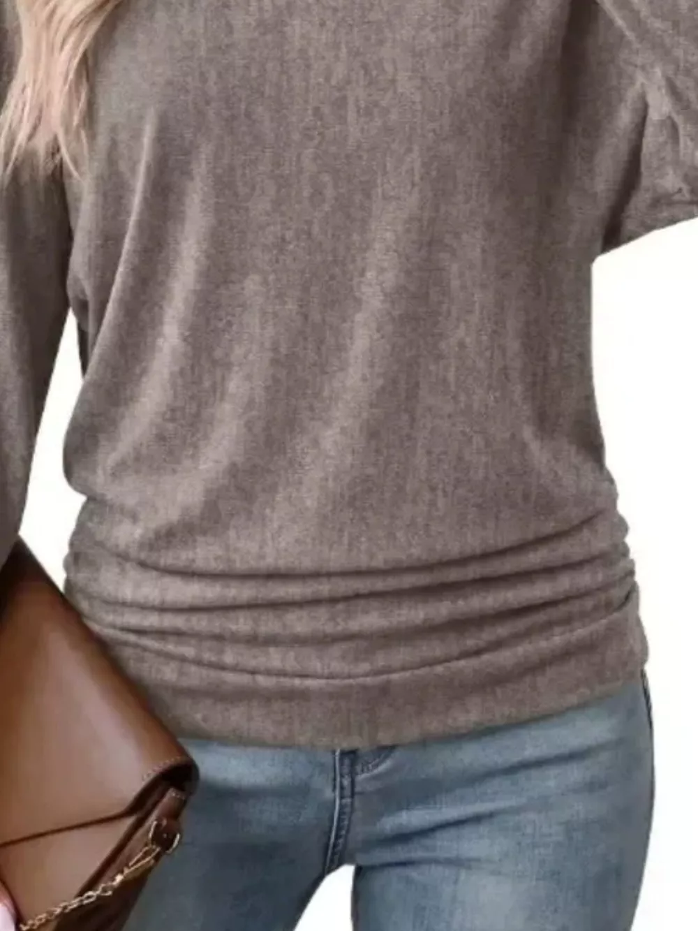 Long Sleeve Crew Neck Casual T-Shirt with Ruched Hem, image 12
