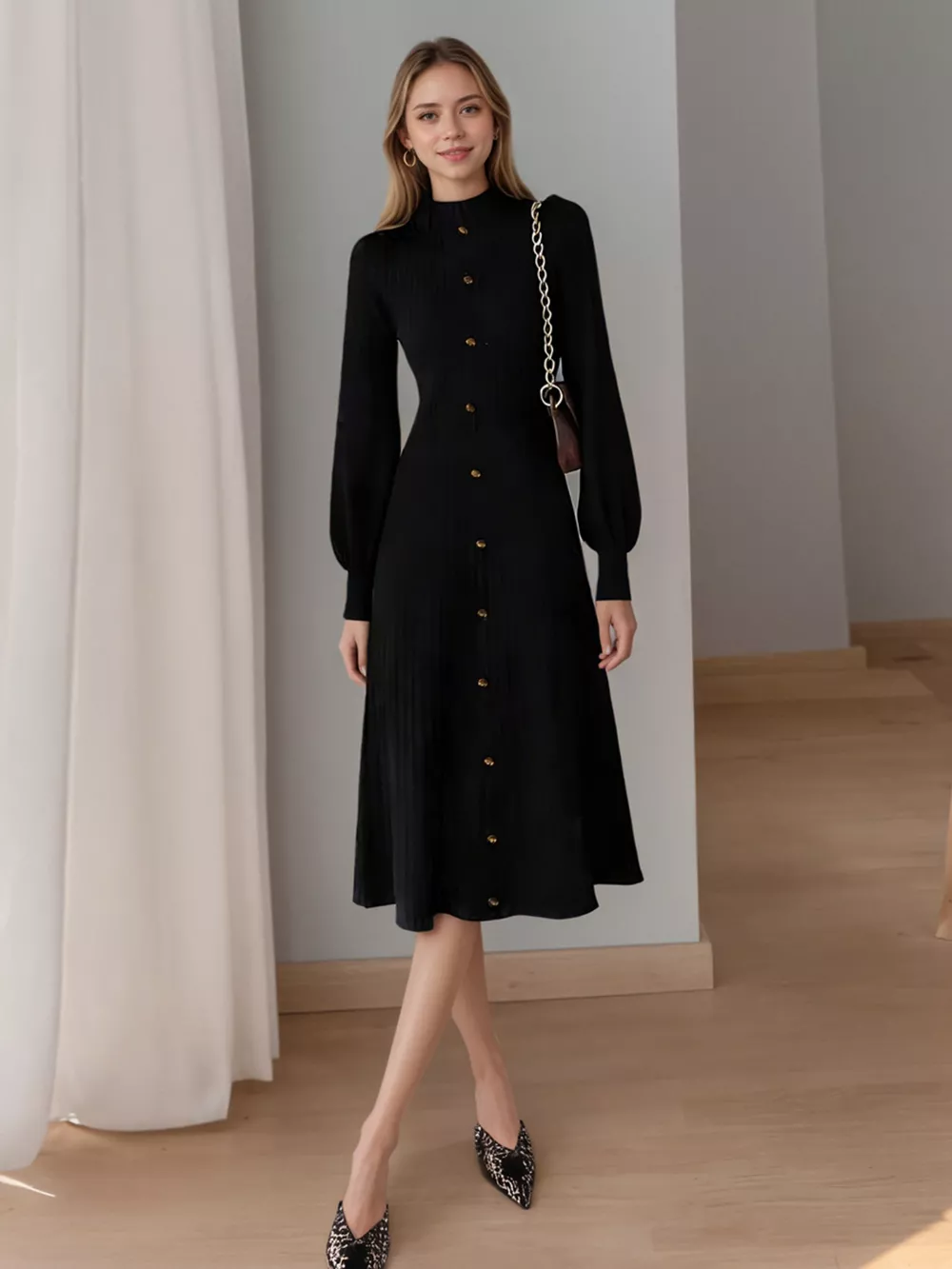 Ribbed Knit Mock Neck Midi Dress, image 9