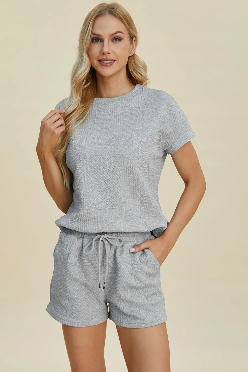 Full Size Texture Short Sleeve Top and Shorts Set, image 18