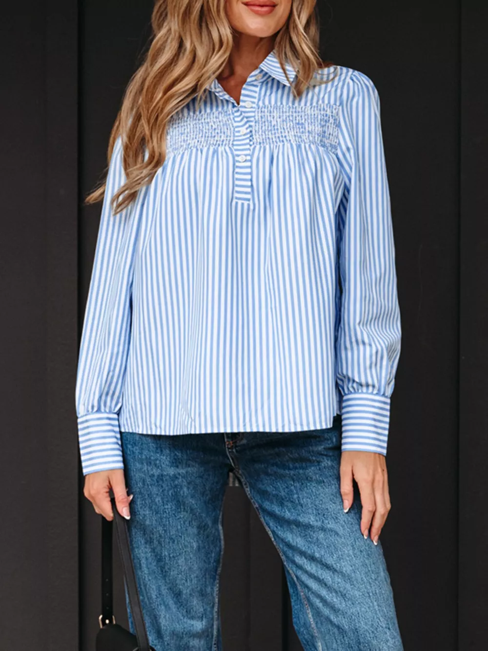 Striped Smocked Collared Neck Blouse, image 2