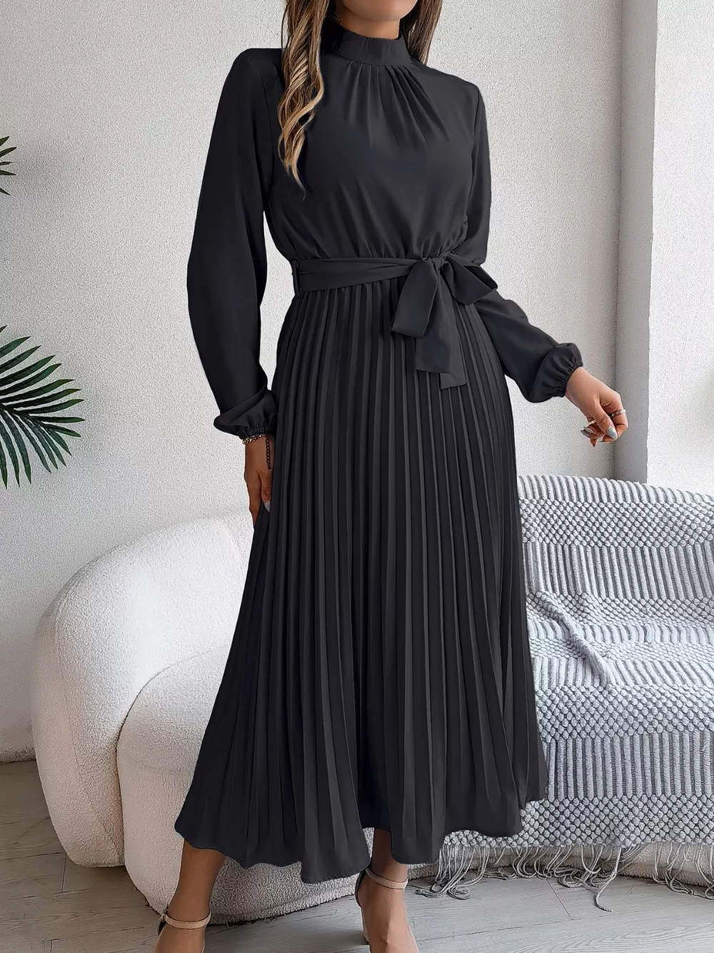 Mock Neck Pleated Midi Dress, image 14