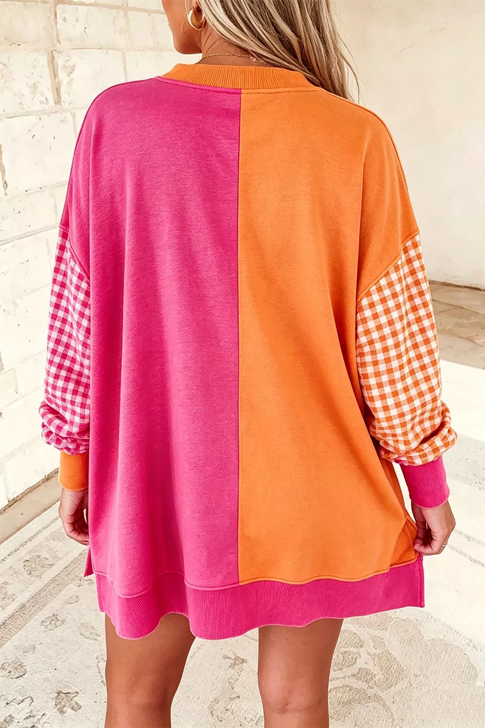 Colorblock Gingham Sleeve Crewneck Sweatshirt, image 2