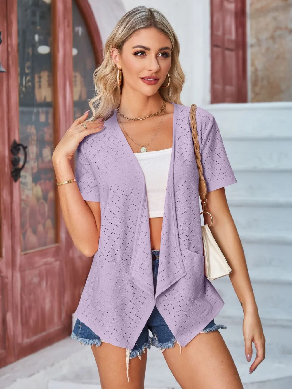 Eyelet Open Front Short Sleeve Cover Up, image 34
