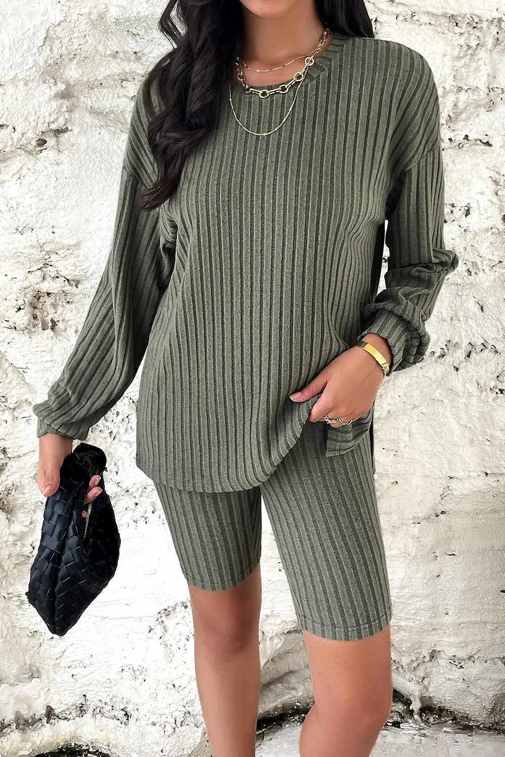 Ribbed Round Neck Dropped Shoulder Top and Shorts Set, image 7
