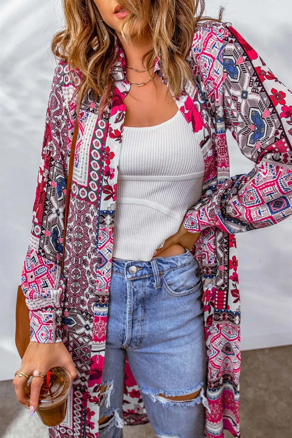 Printed Button Up Long Sleeve Cardigan, image 10