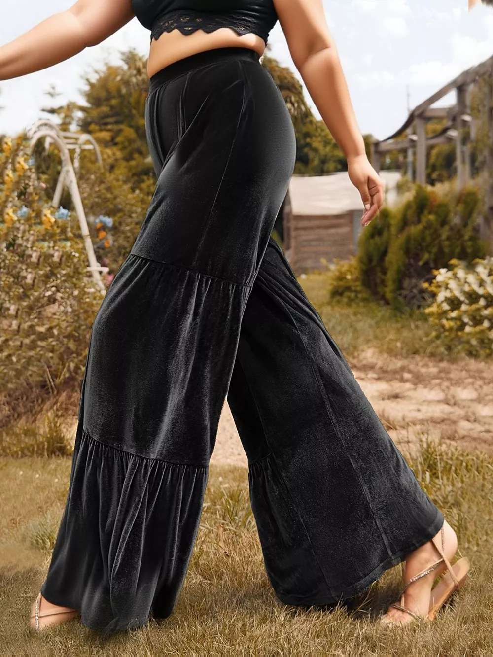 Plus Size Velvet Ruffle Hem Wide Leg Pants, image 4