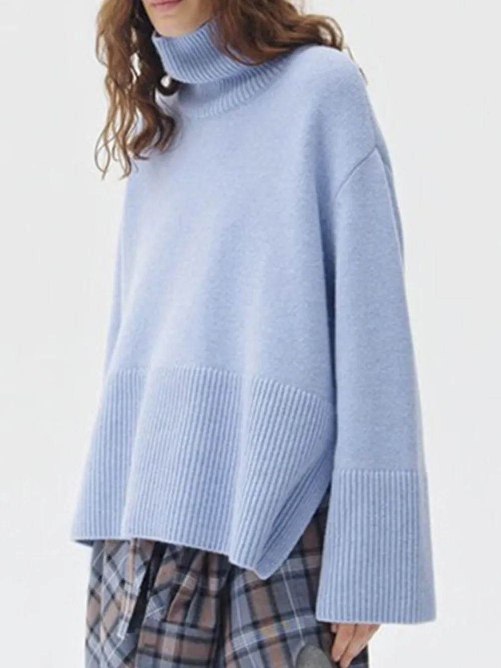 Side Slit Turtleneck Drop Shoulder Sweater, image 25